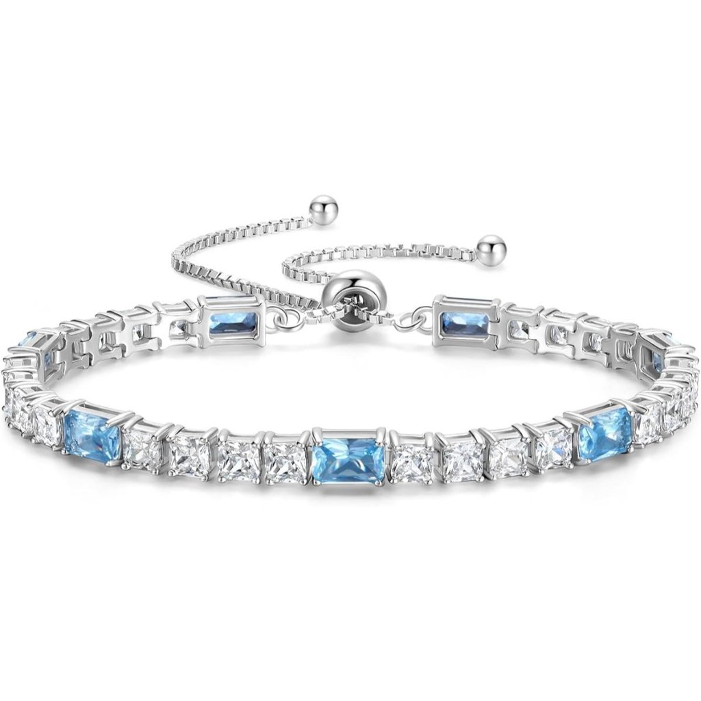 Birthstone Sterling Silver 4x6mm Gemstone Tennis Bracelet - 03-Aquamarine